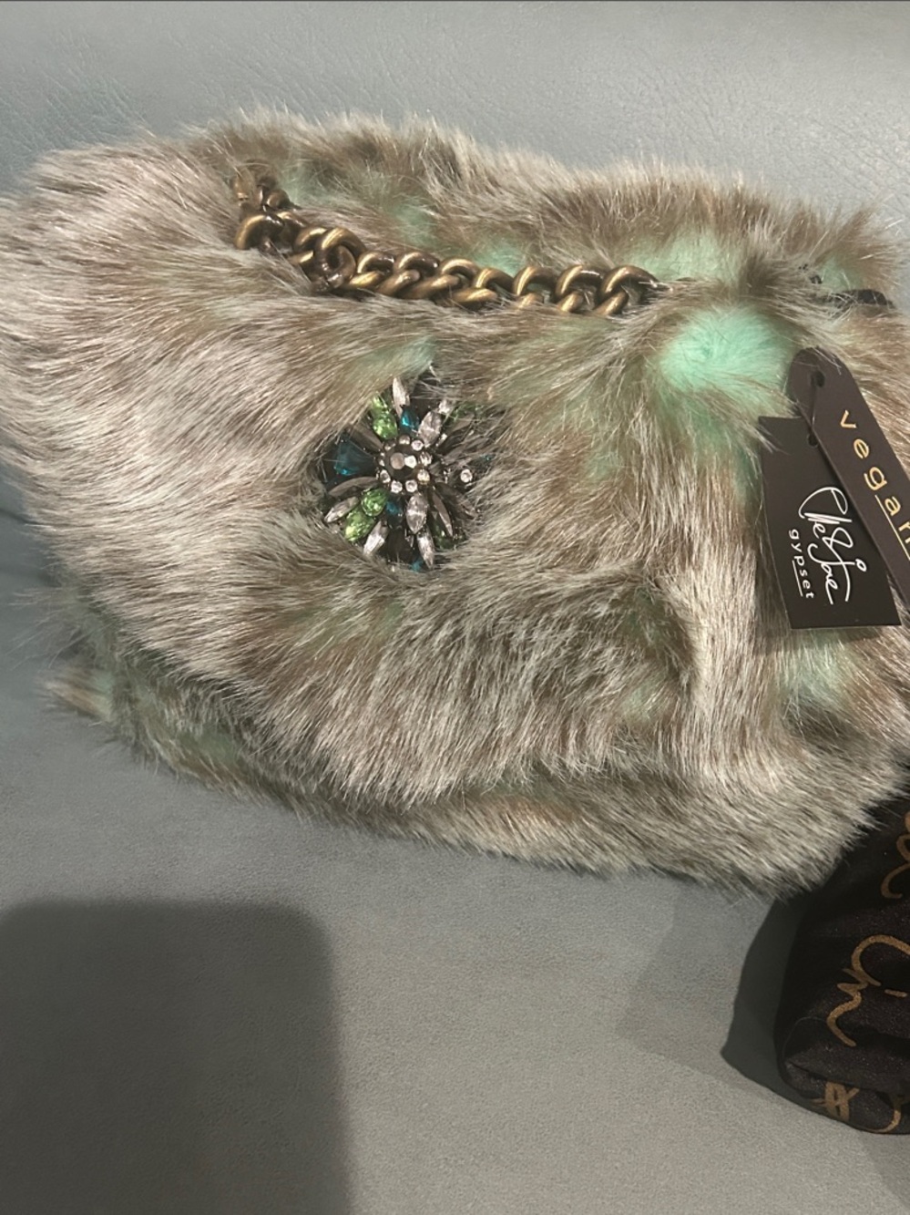 Vegan Fur Crossbody Bag with Jeweled Brooch - Gray with Mint Accents